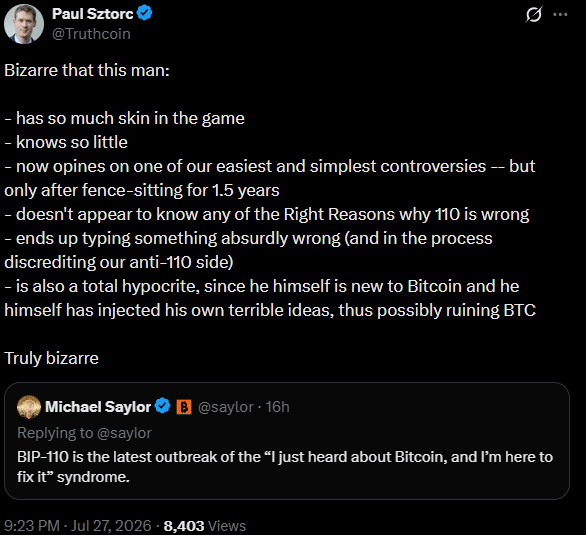 Michael Saylor slams BIP-110 fork supporters: ‘Don’t fix what’s not broken!’